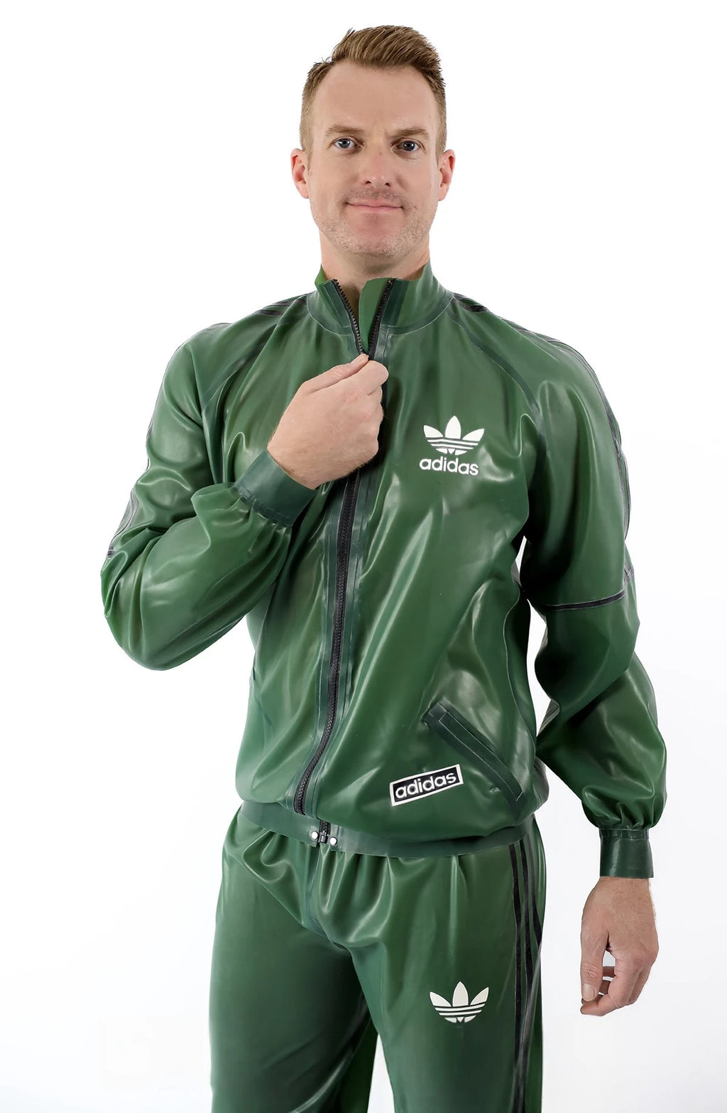 Semi-trans olive Green Male Custom Brand Sports Tracksuit Latex Jacket