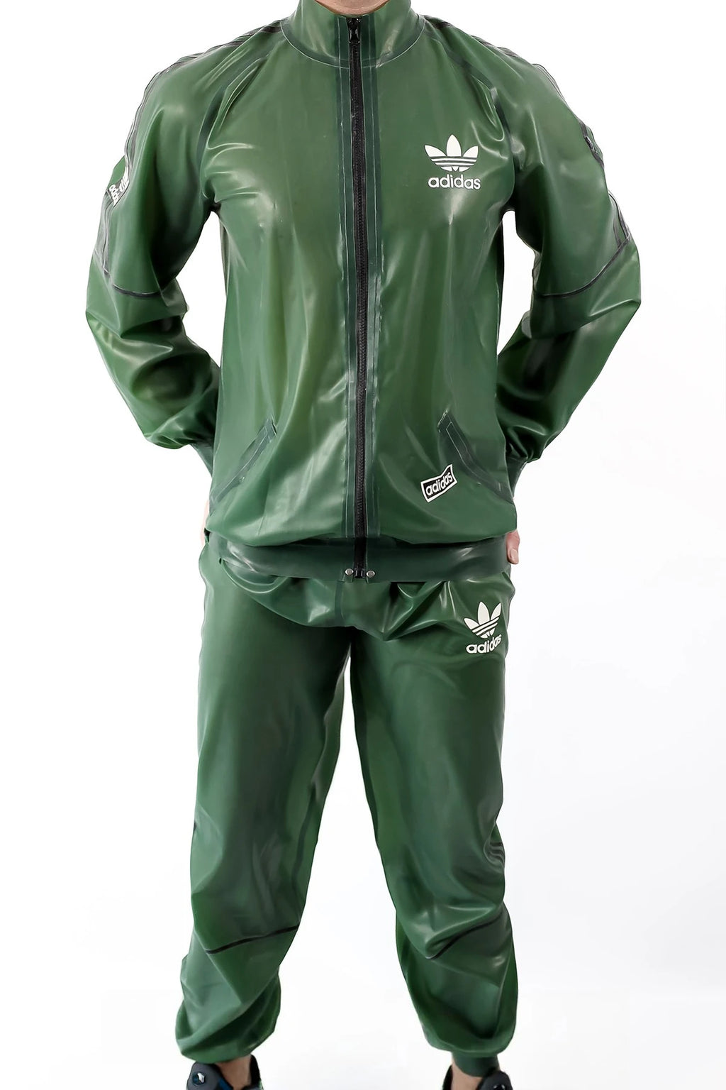 Semi-trans olive Green Male Custom Brand Sports Tracksuit Latex Jacket