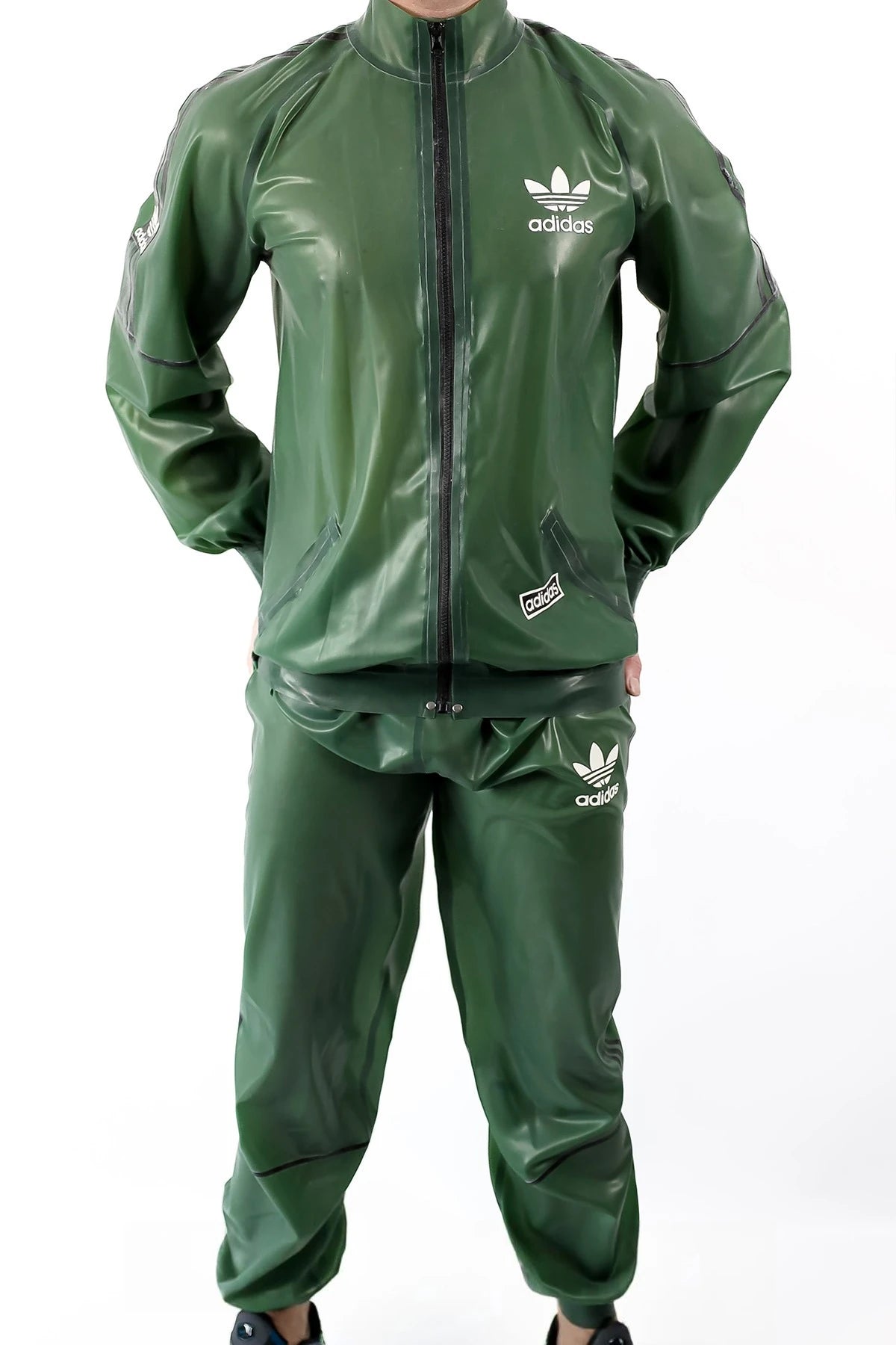 Semi-trans olive Green Male Custom Brand Sports Tracksuit Latex Jacket