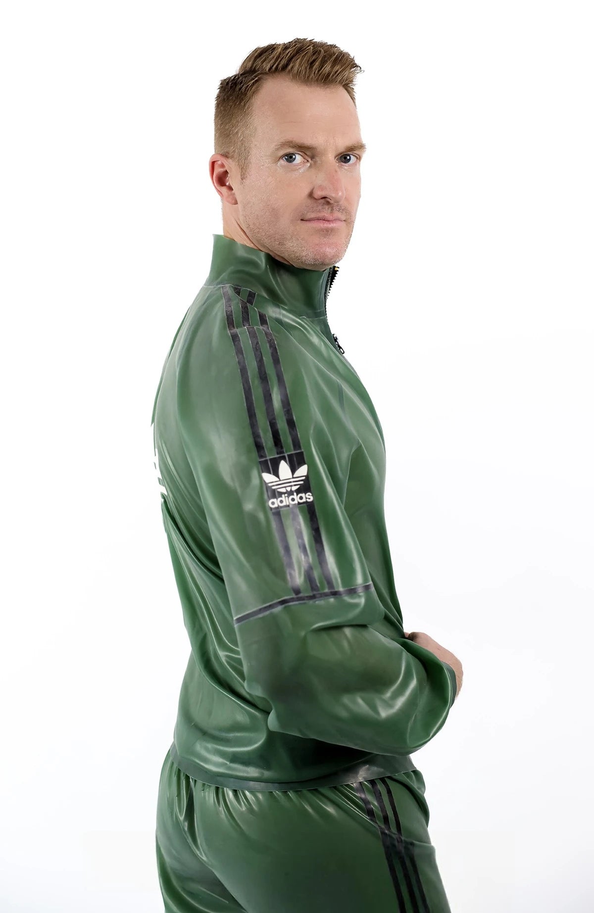 Semi-trans olive Green Male Custom Brand Sports Tracksuit Latex Jacket