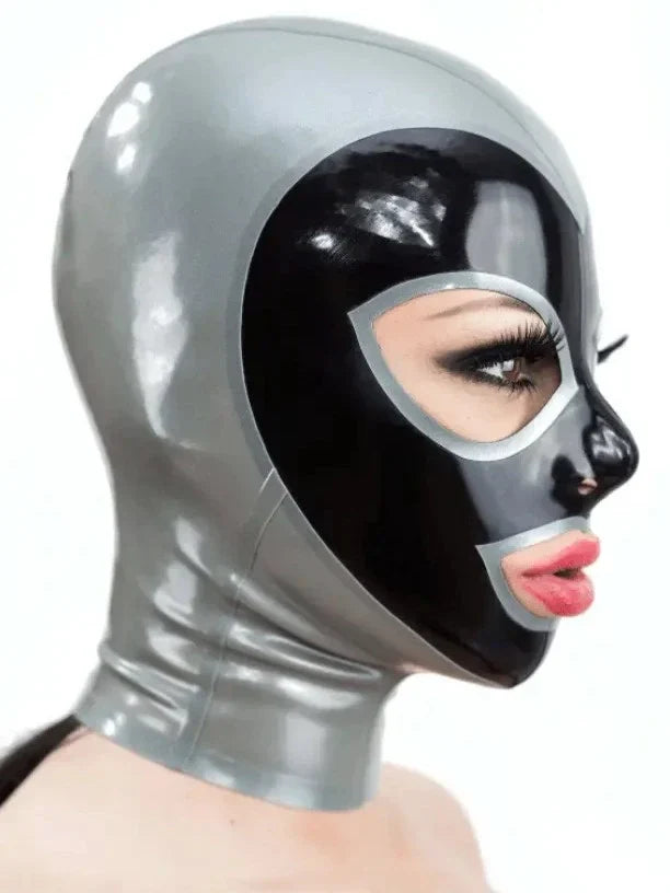 Silver & Black Two-Tone Latex Hood with Heart Face Panel