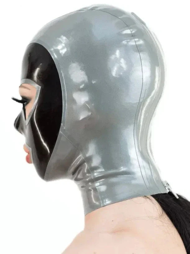 Silver & Black Two-Tone Latex Hood with Heart Face Panel