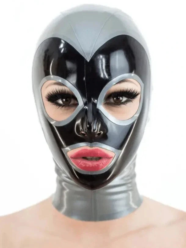 Silver & Black Two-Tone Latex Hood with Heart Face Panel