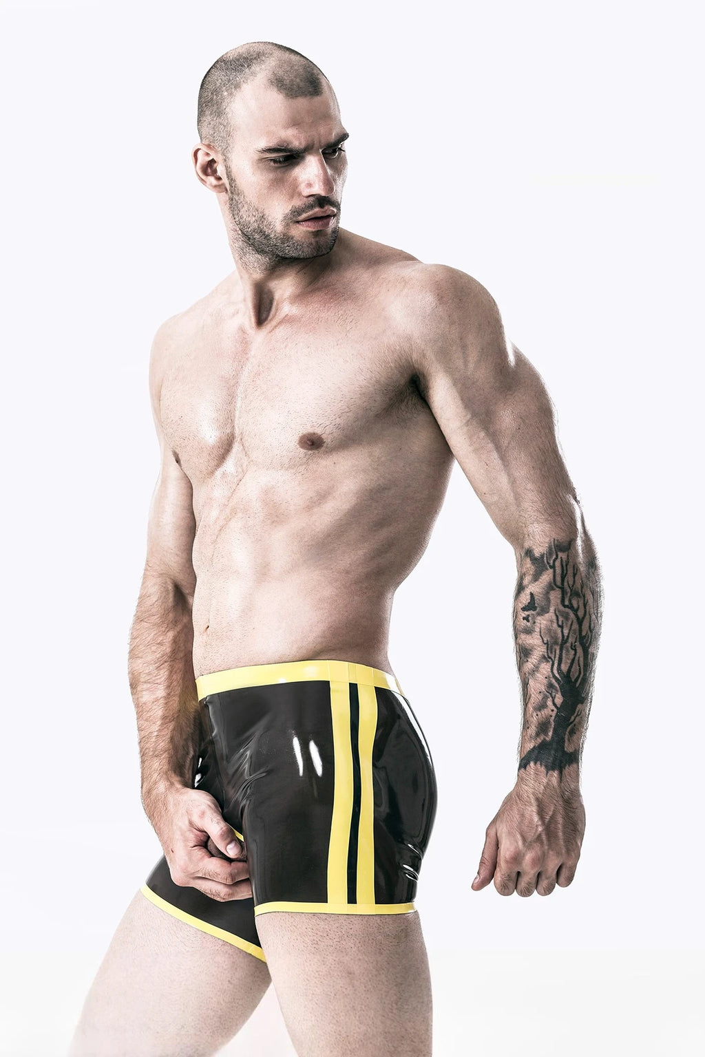 Smoky Black, trim color is Yellow Male Latex 'Two Desires' Shorts