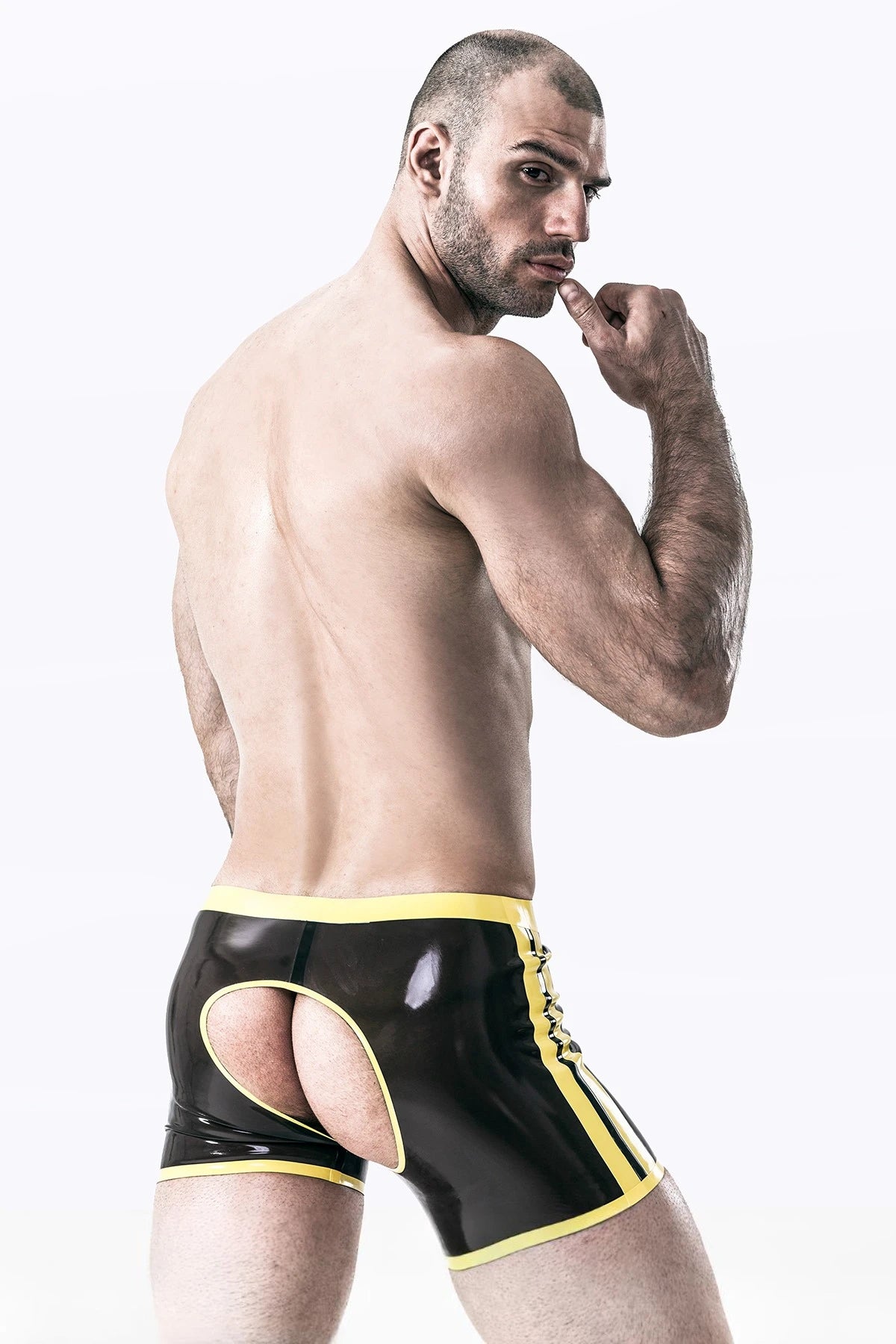 Smoky Black, trim color is Yellow Male Latex 'Two Desires' Shorts