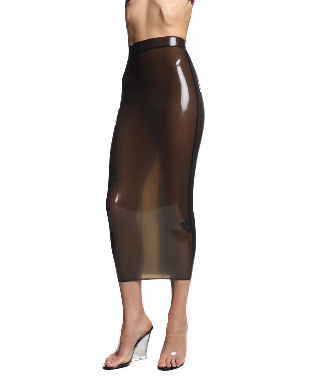 Translucent Smoky Black Amanda High-Waist Latex Midi Skirt