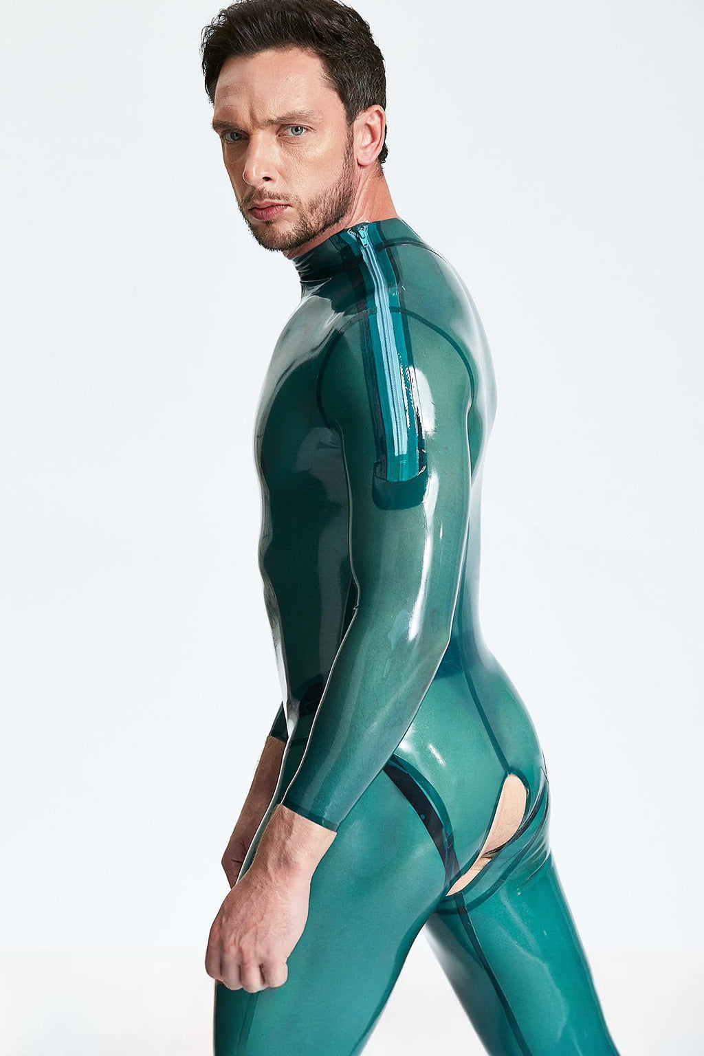 Translucent Blue Male Open-Crotch Shoulder-zip Latex Catsuit