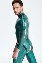 Translucent Blue Male Open-Crotch Shoulder-zip Latex Catsuit