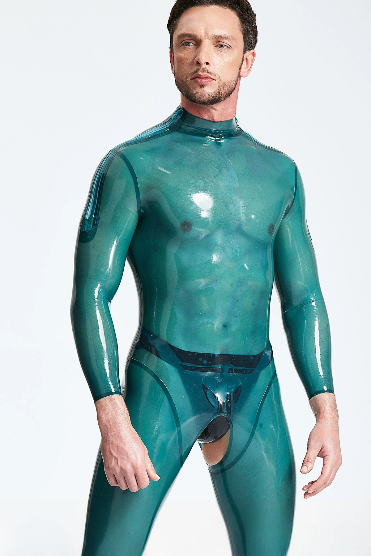 Translucent Blue Male Open-Crotch Shoulder-zip Latex Catsuit