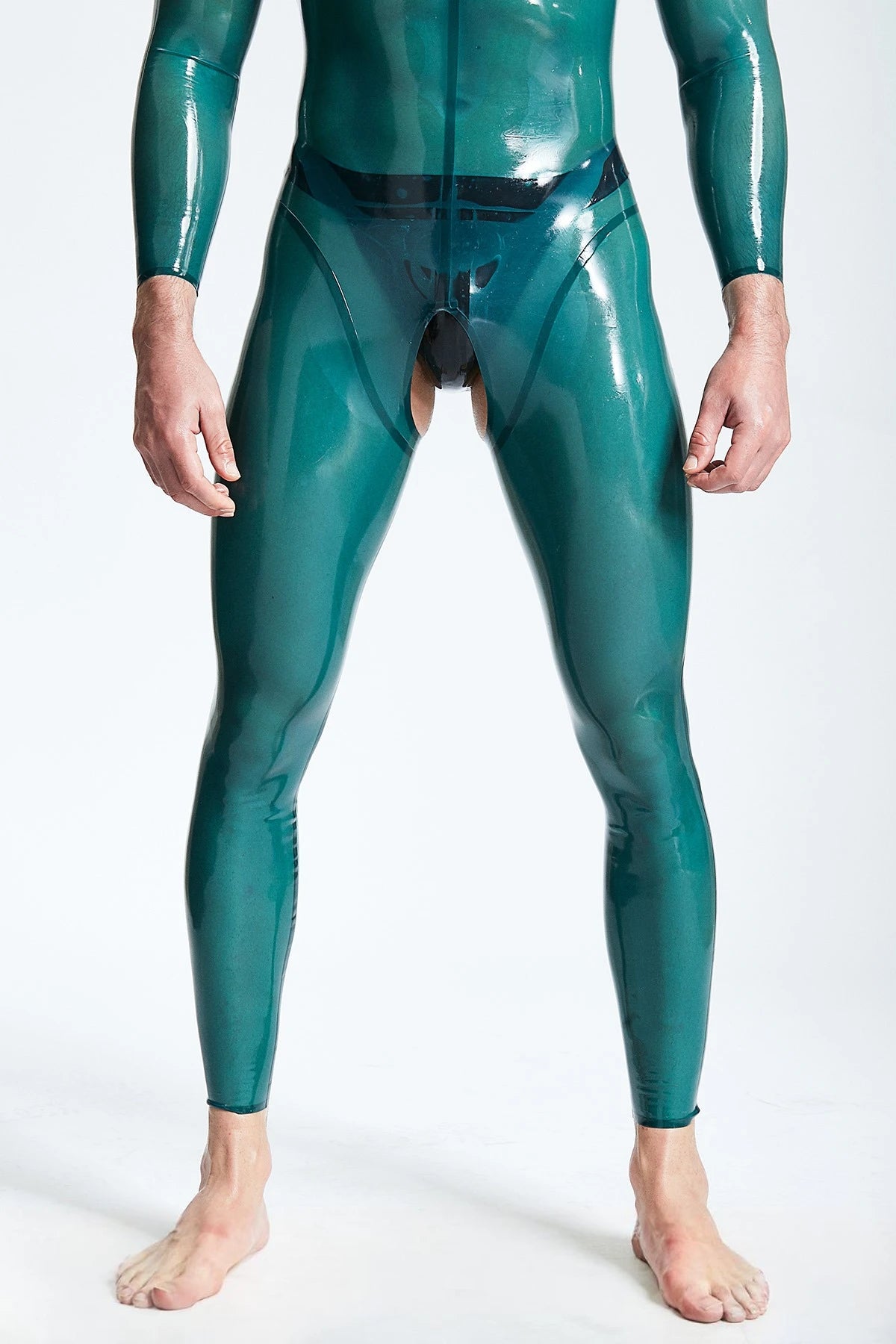 Translucent Blue Male Open-Crotch Shoulder-zip Latex Catsuit