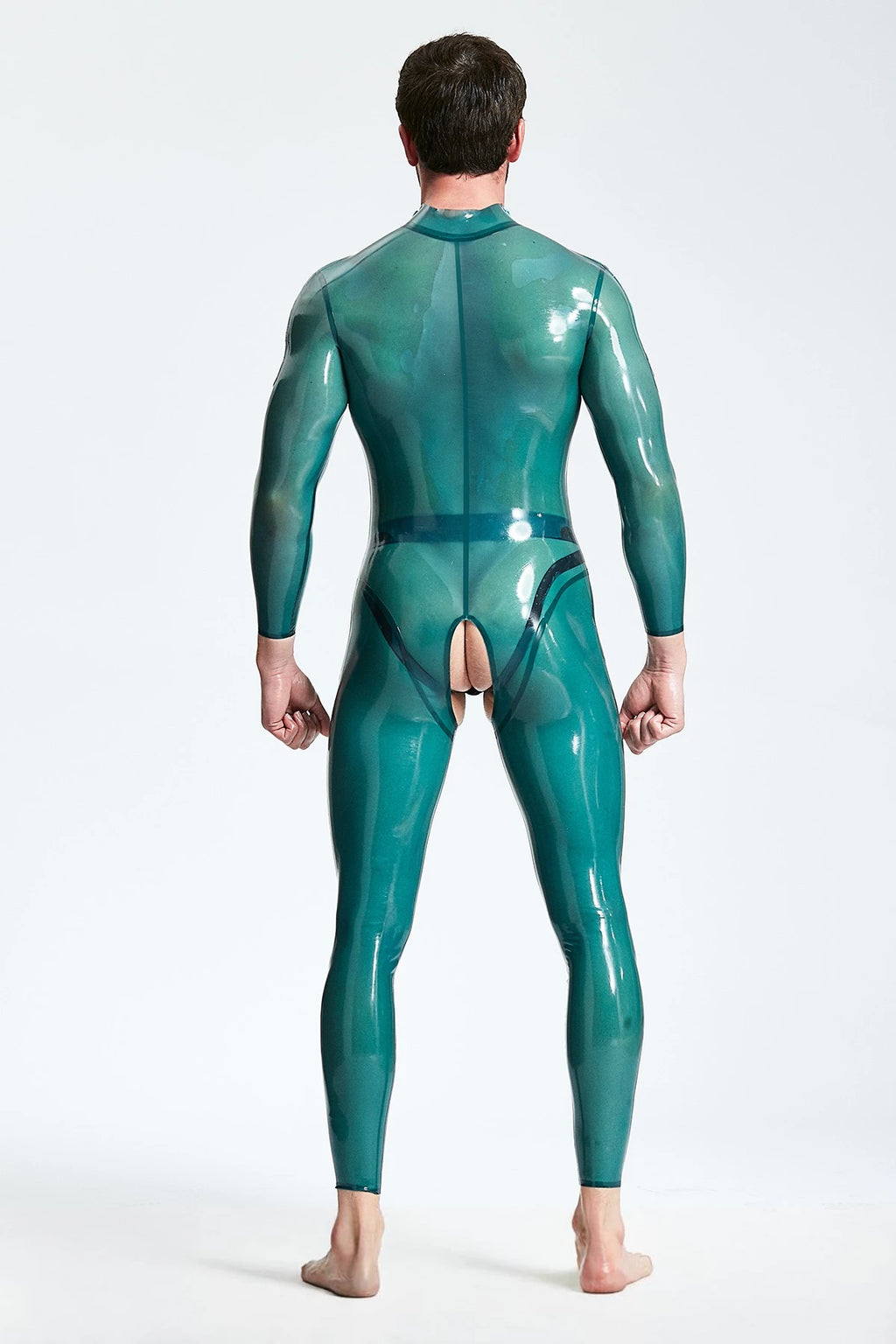 Translucent Blue Male Open-Crotch Shoulder-zip Latex Catsuit