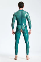 Translucent Blue Male Open-Crotch Shoulder-zip Latex Catsuit