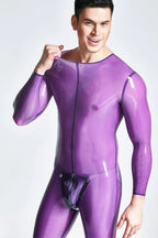 Translucent Lilac Male Codpiece Neck Entry Latex Catsuit