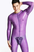 Translucent Lilac Male Codpiece Neck Entry Latex Catsuit