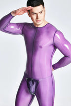 Translucent Lilac Male Codpiece Neck Entry Latex Catsuit