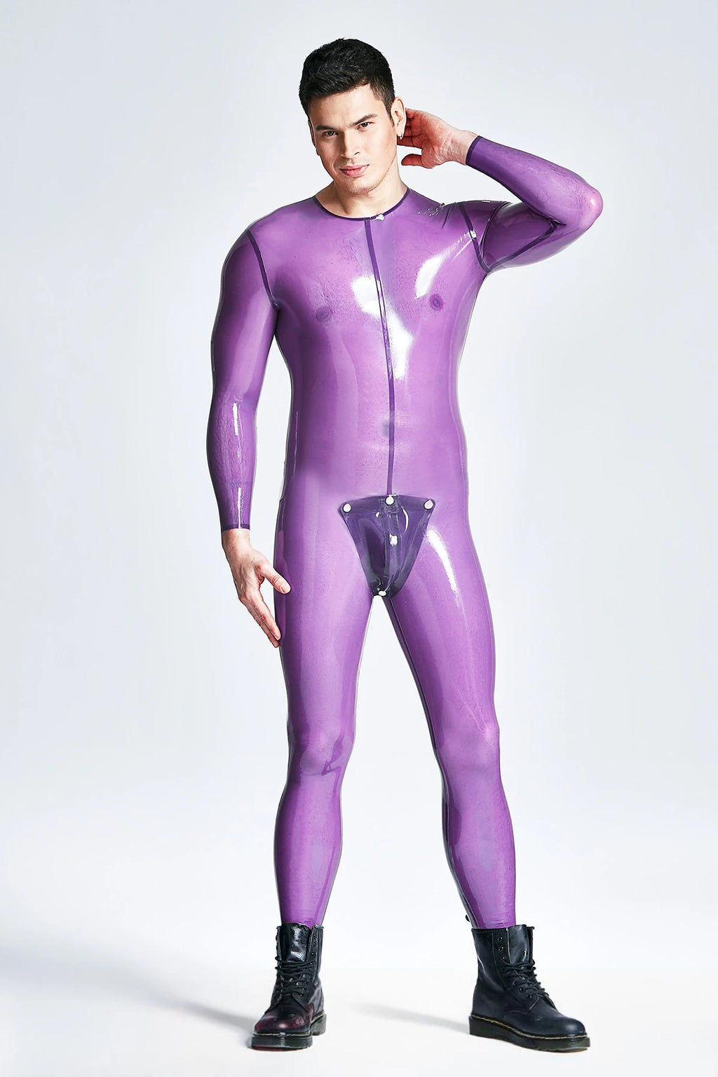 Translucent Lilac Male Codpiece Neck Entry Latex Catsuit