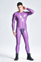 Translucent Lilac Male Codpiece Neck Entry Latex Catsuit