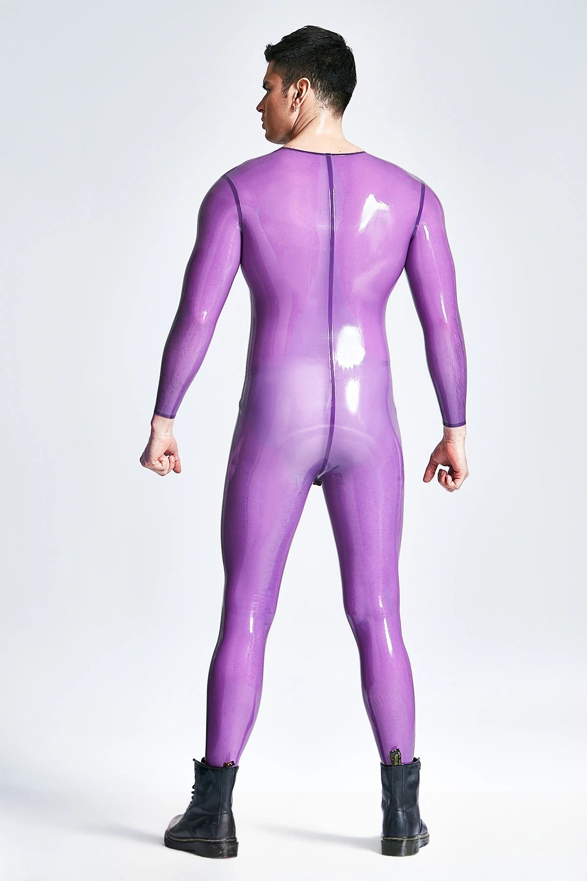 Translucent Lilac Male Codpiece Neck Entry Latex Catsuit