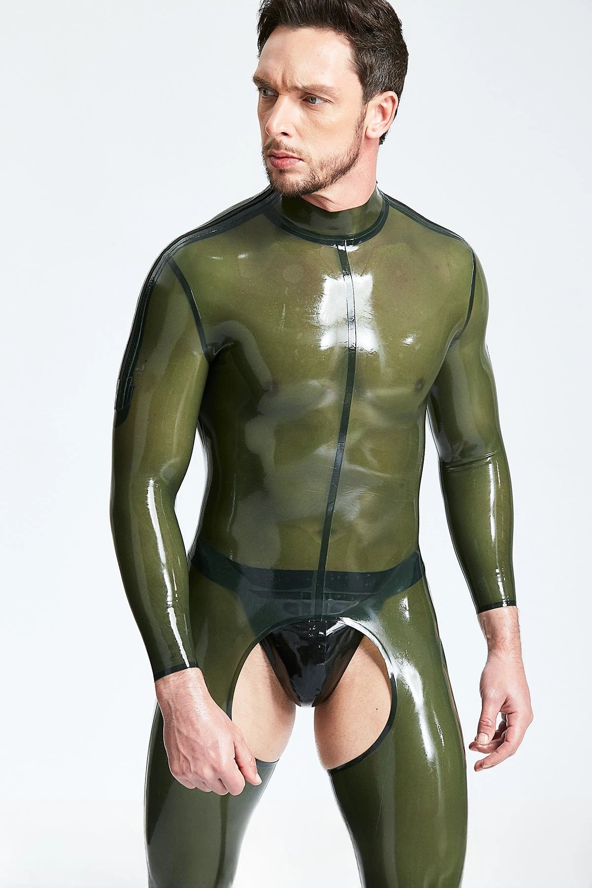 Translucent Olive Male Translucent 'Chaps Look' Shoulder-zip Latex Catsuit