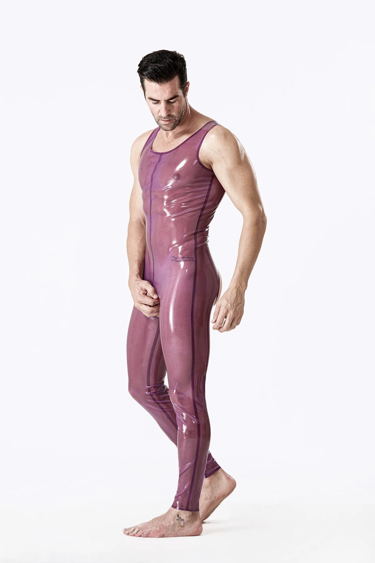 Translucent Purple Male Open Bum Singlet Latex Suit