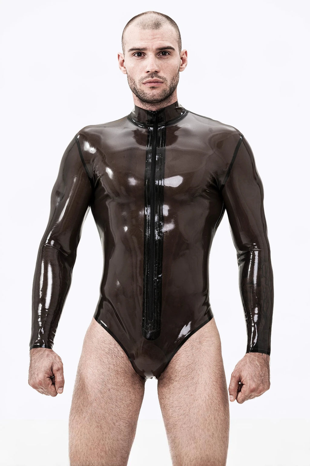 Translucent Smoky Black Male Long-Sleeved Latex Leotard