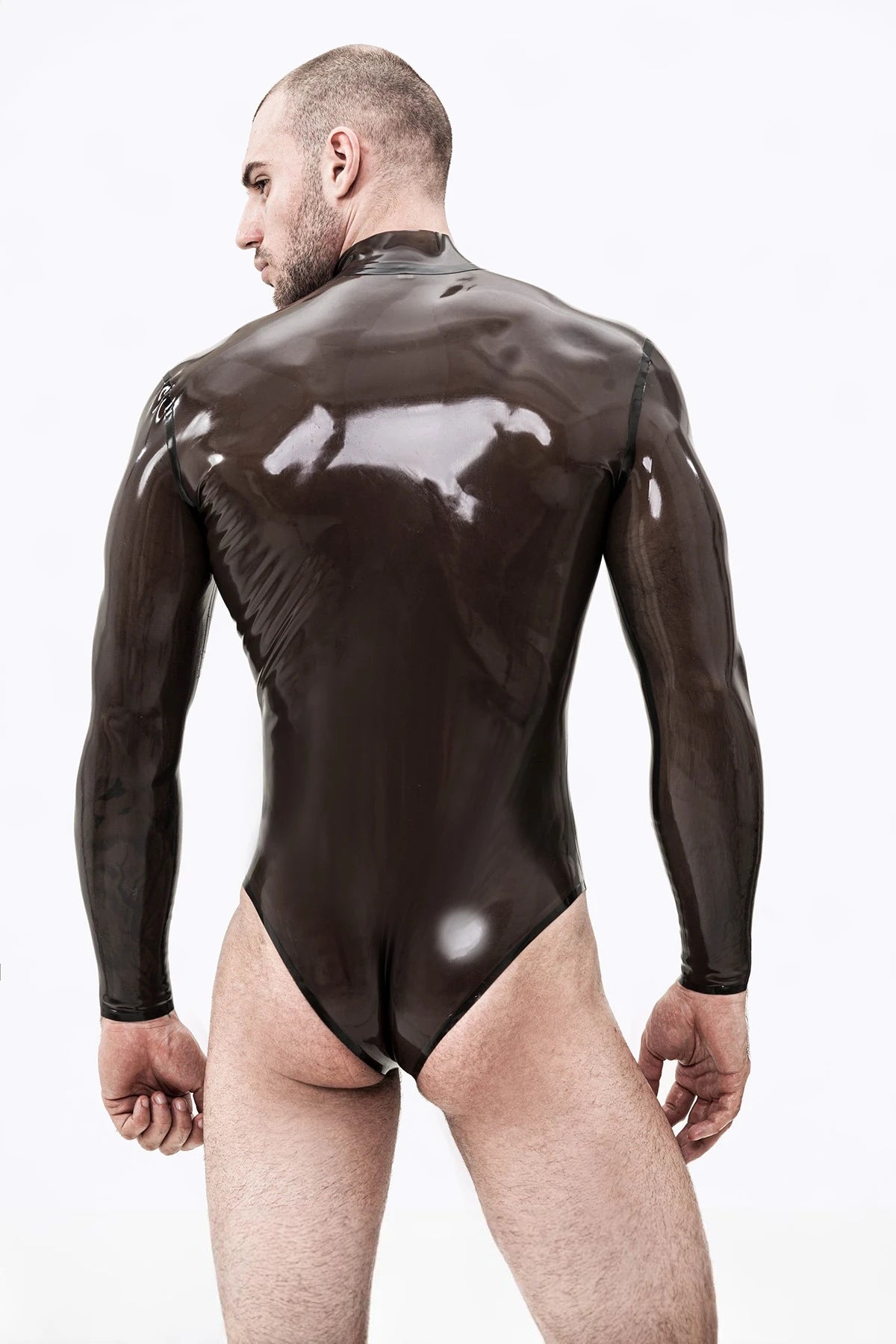 Translucent Smoky Black Male Long-Sleeved Latex Leotard