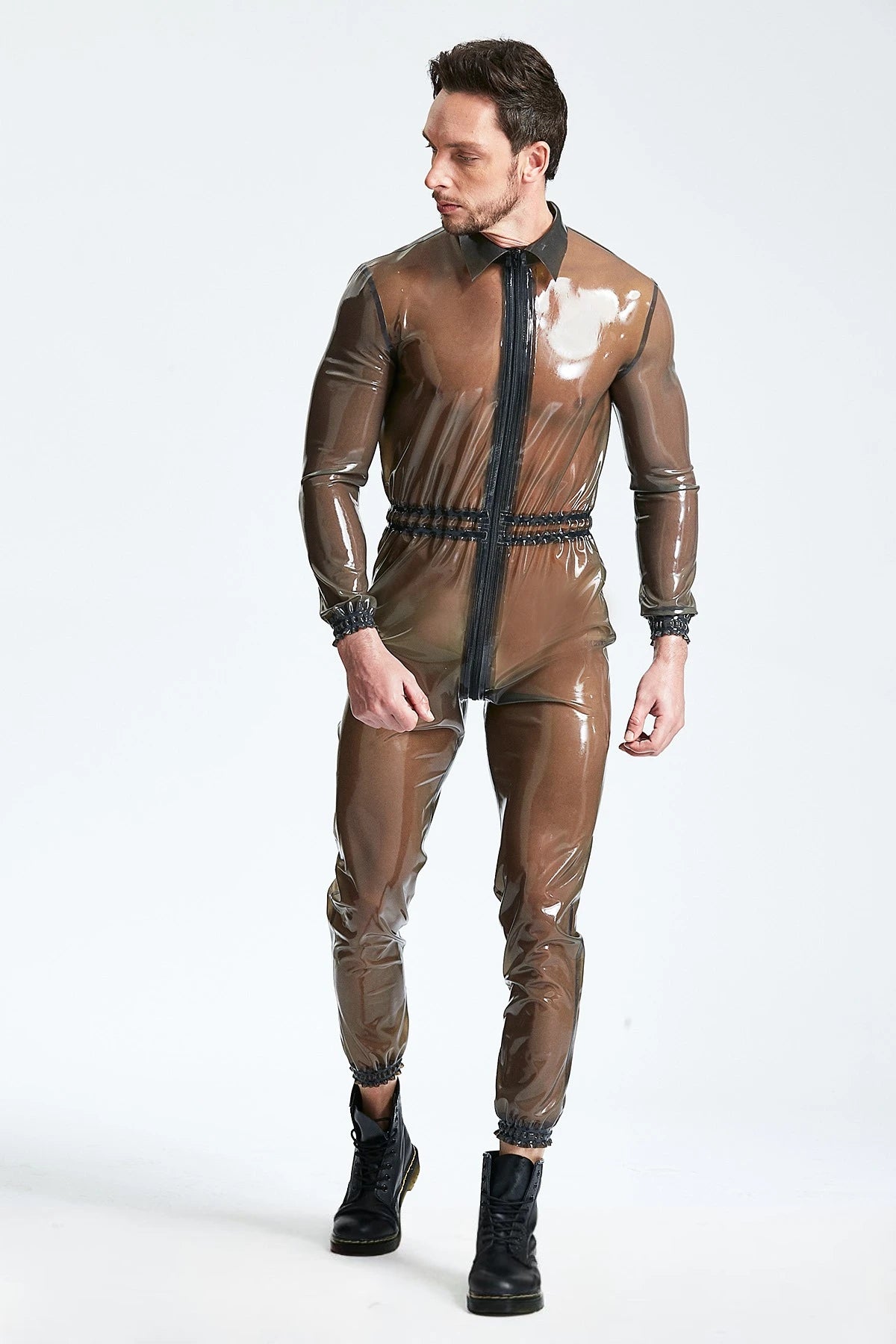 Translucent Smoky Black Male Translucent Front Zip 'Romper'