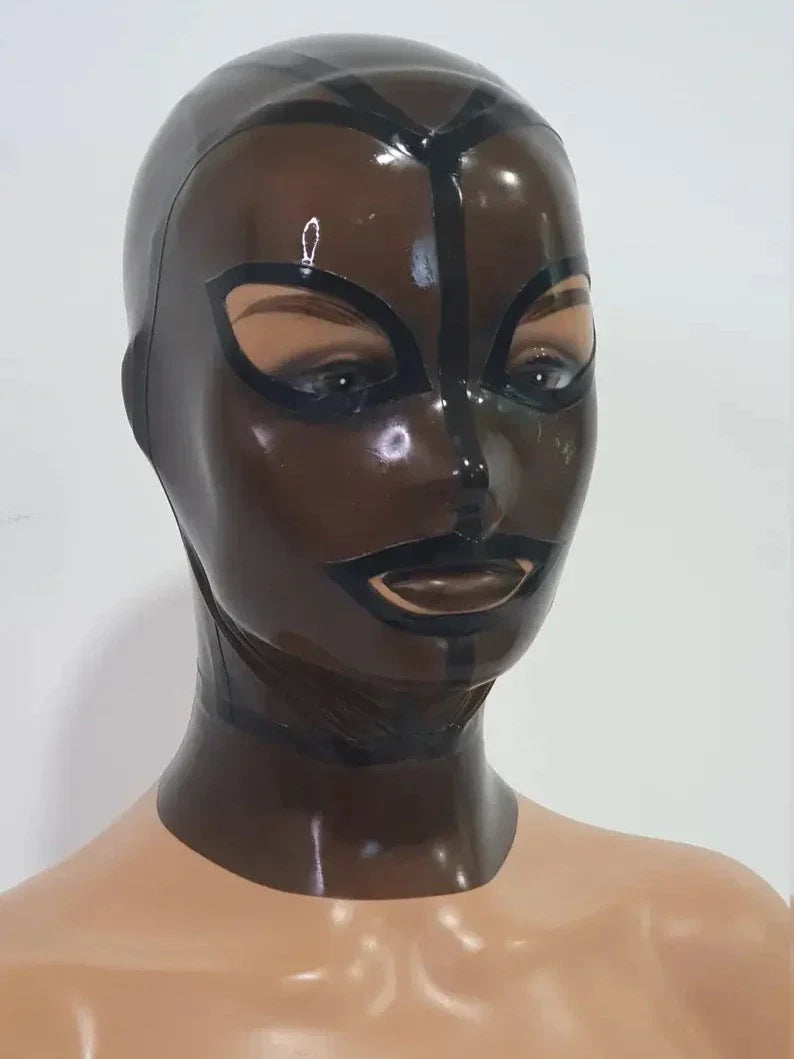 Transparent Brown Latex Hood with Black Panel Trim & Almond Eye Cut
