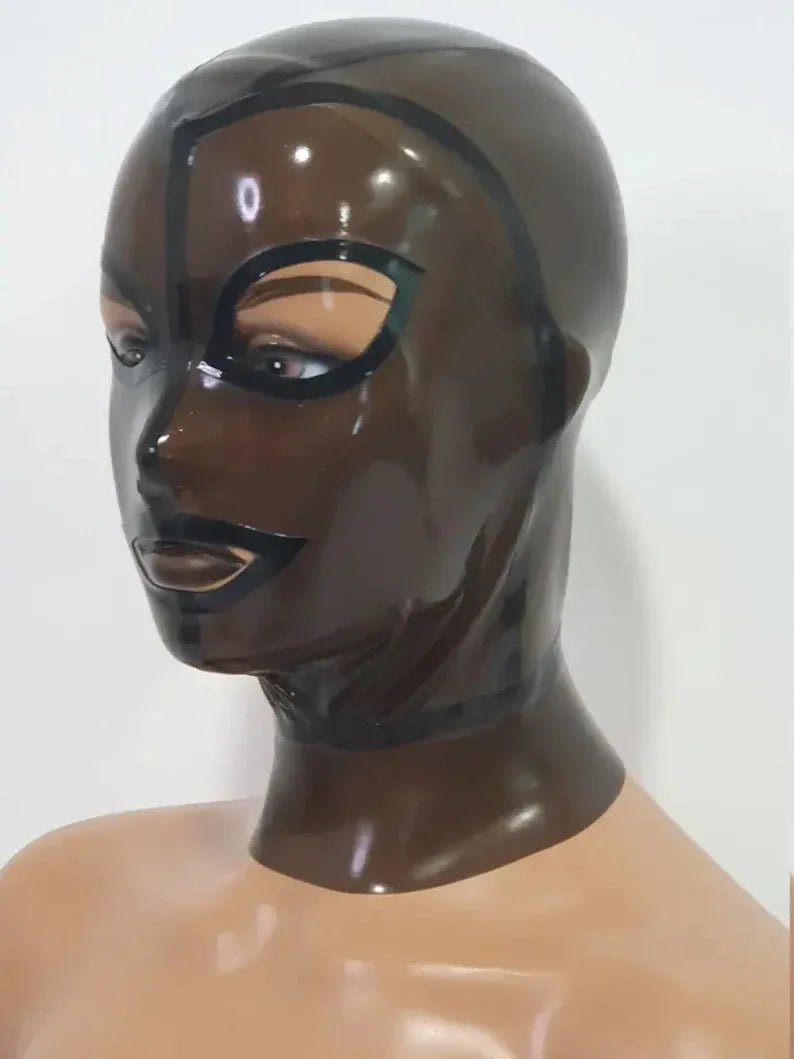 Transparent Brown Latex Hood with Black Panel Trim & Almond Eye Cut