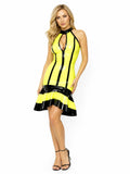 Vibrant Lime Green Latex Dress — Stand Collar, Front Zip, Wide Flared Hem