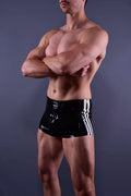 White-Stripe Latex Shorts with Through-Crotch Zip