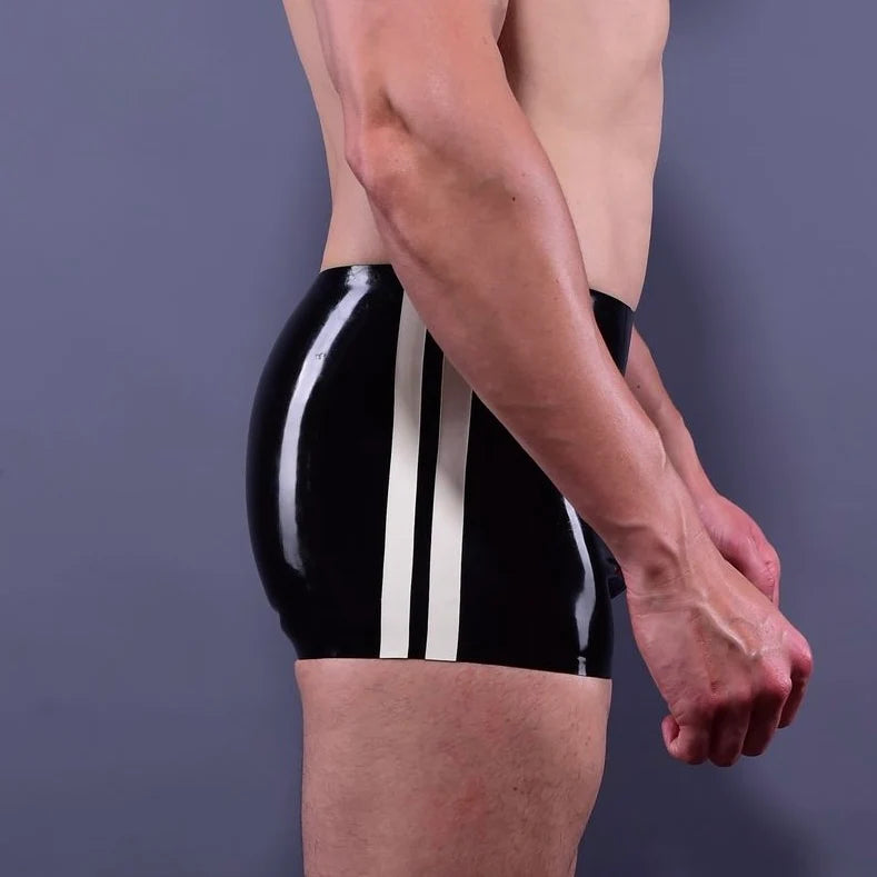 White-Stripe Latex Shorts with Through-Crotch Zip