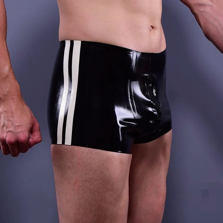 White-Stripe Latex Shorts with Through-Crotch Zip