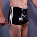 White-Stripe Latex Shorts with Through-Crotch Zip
