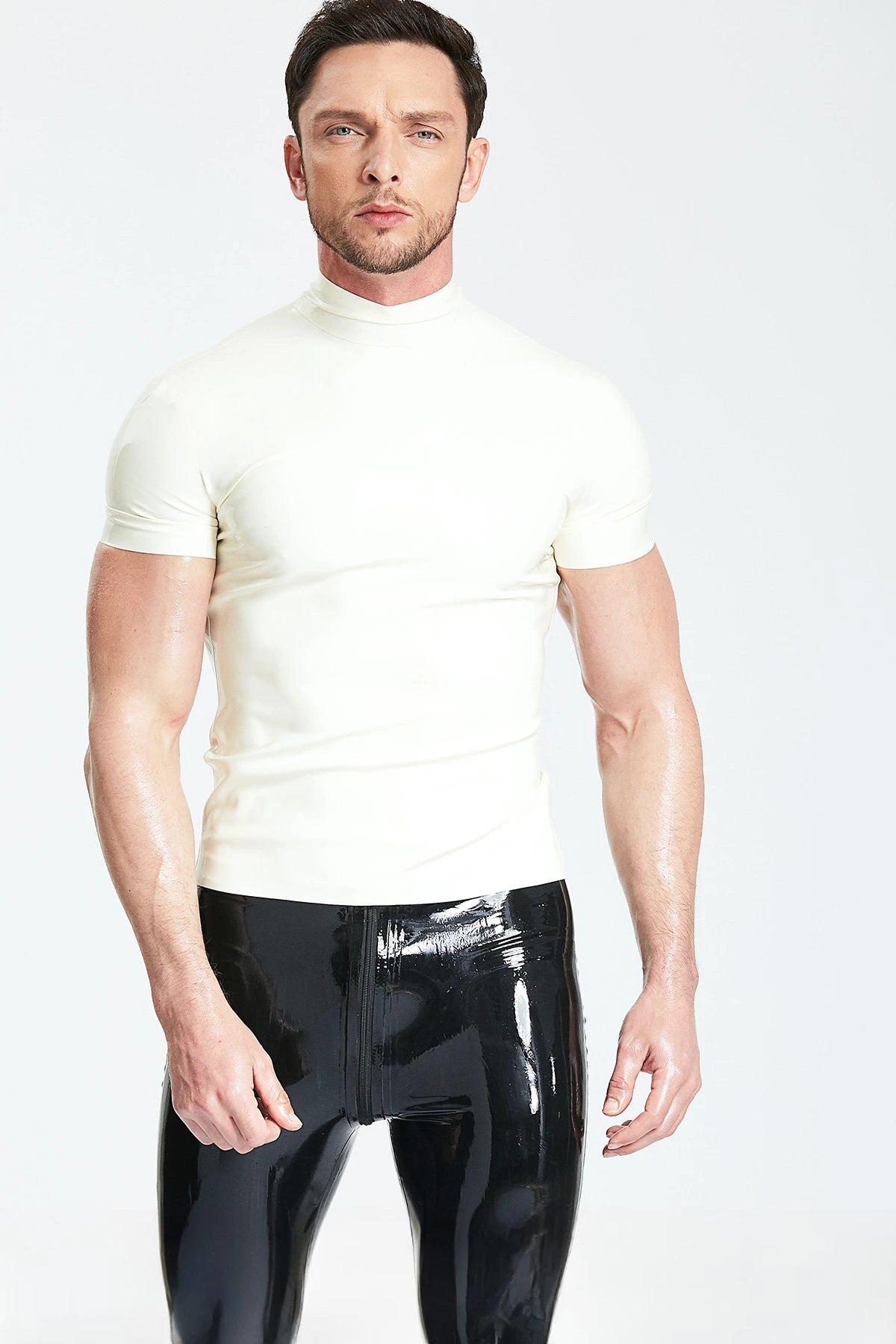 White Male Collared Round-Neck Formal Latex T-Shirt