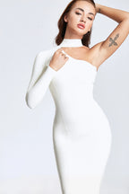 White One Shoulder High Collar Latex Dress