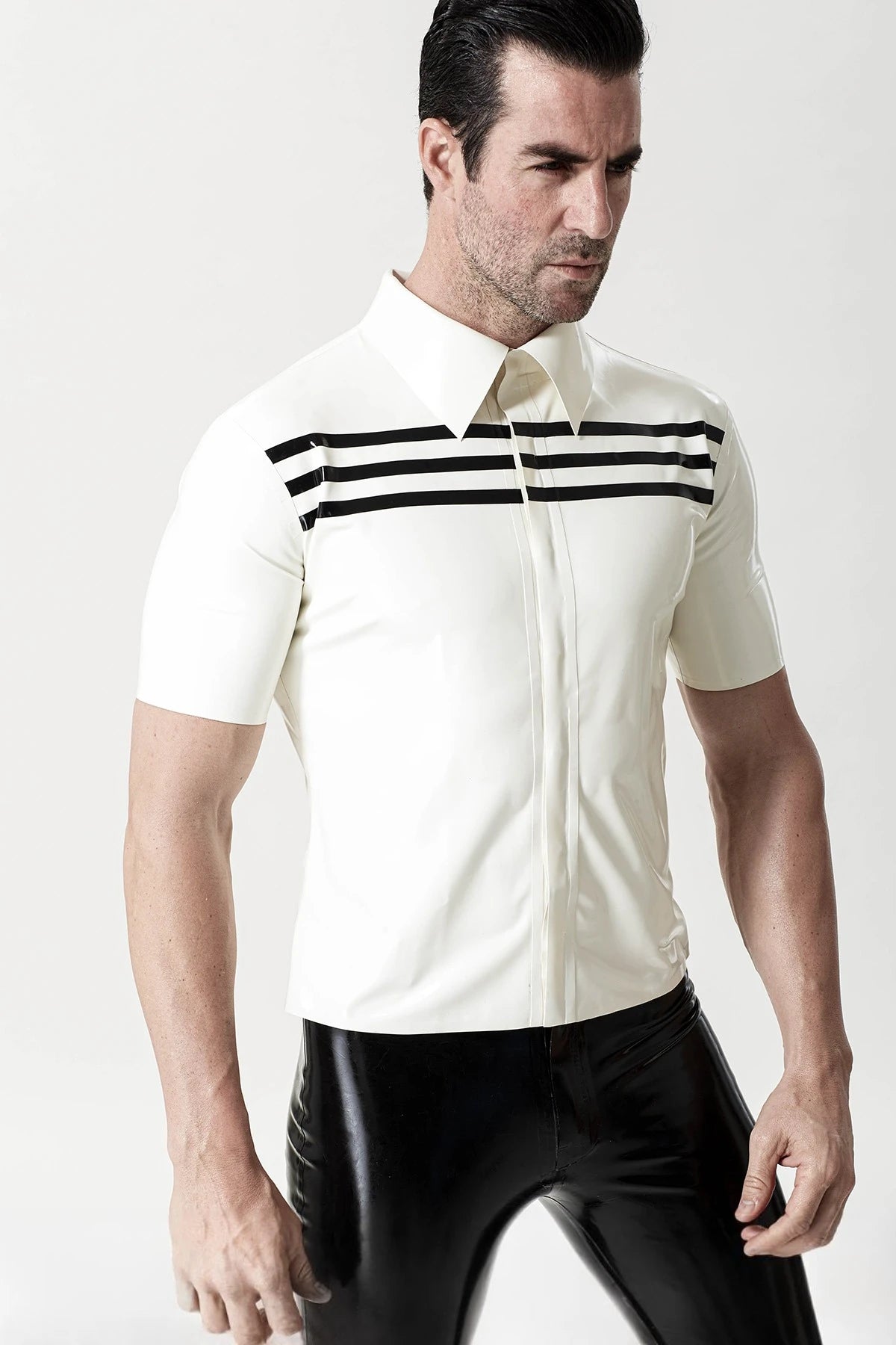 White Male Triple Stripes Short-Sleeved Casual Latex Shirt