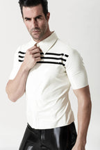White Male Triple Stripes Short-Sleeved Casual Latex Shirt
