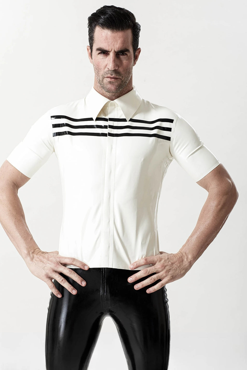 White Male Triple Stripes Short-Sleeved Casual Latex Shirt