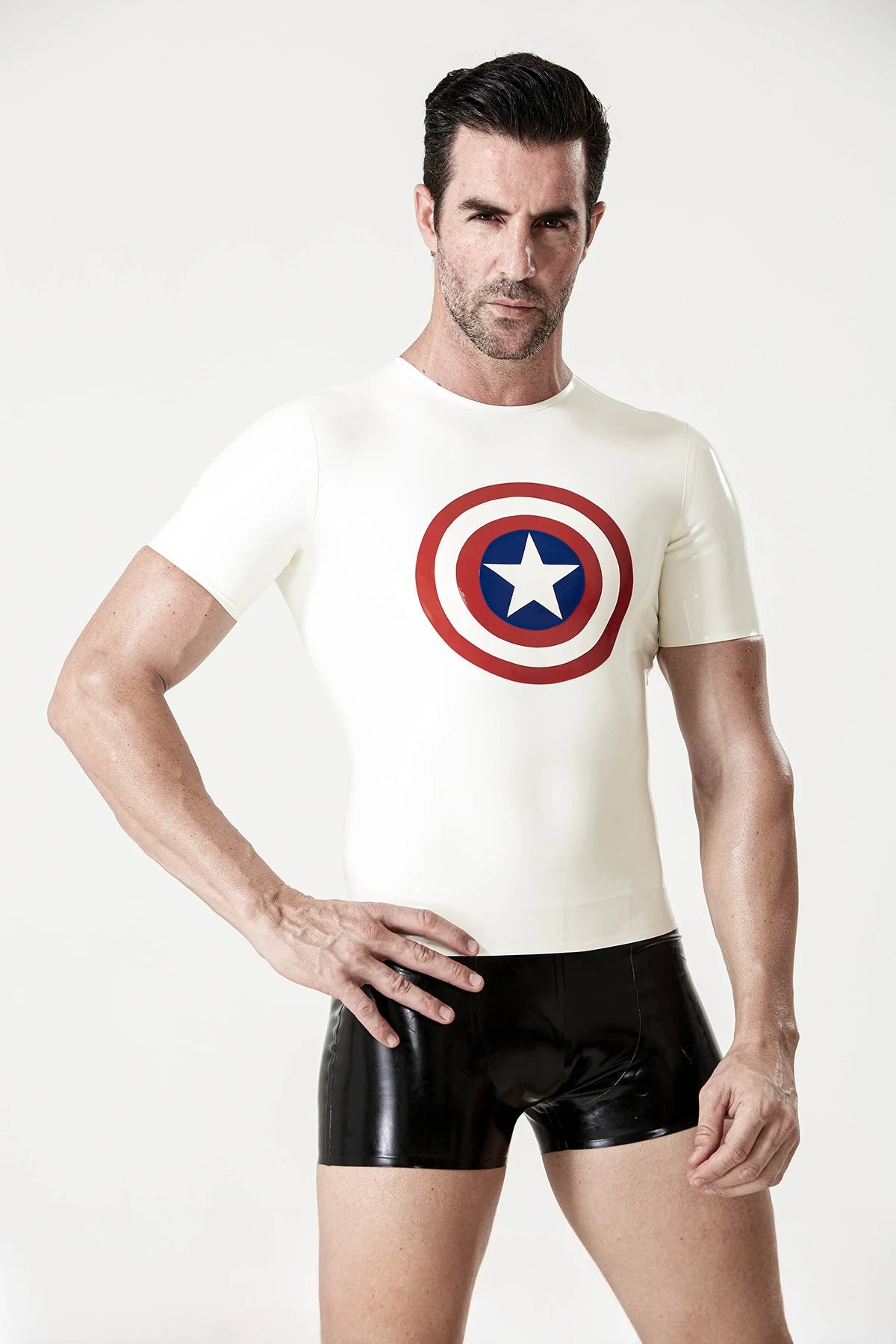 White Male 'Star-get' Latex T-Shirt