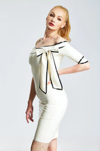 White Drop-Shoulder Ribbon Cocktail Latex Dress
