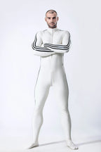 White, trim color is Black Male 'Edi Long' Latex Catsuit