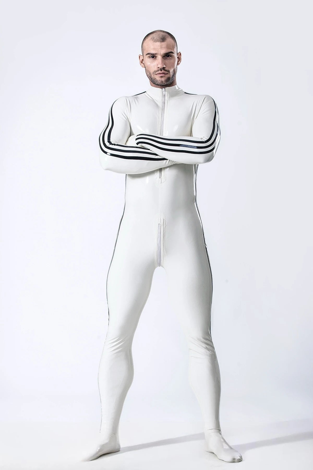 White, trim color is Black Male 'Edi Long' Latex Catsuit
