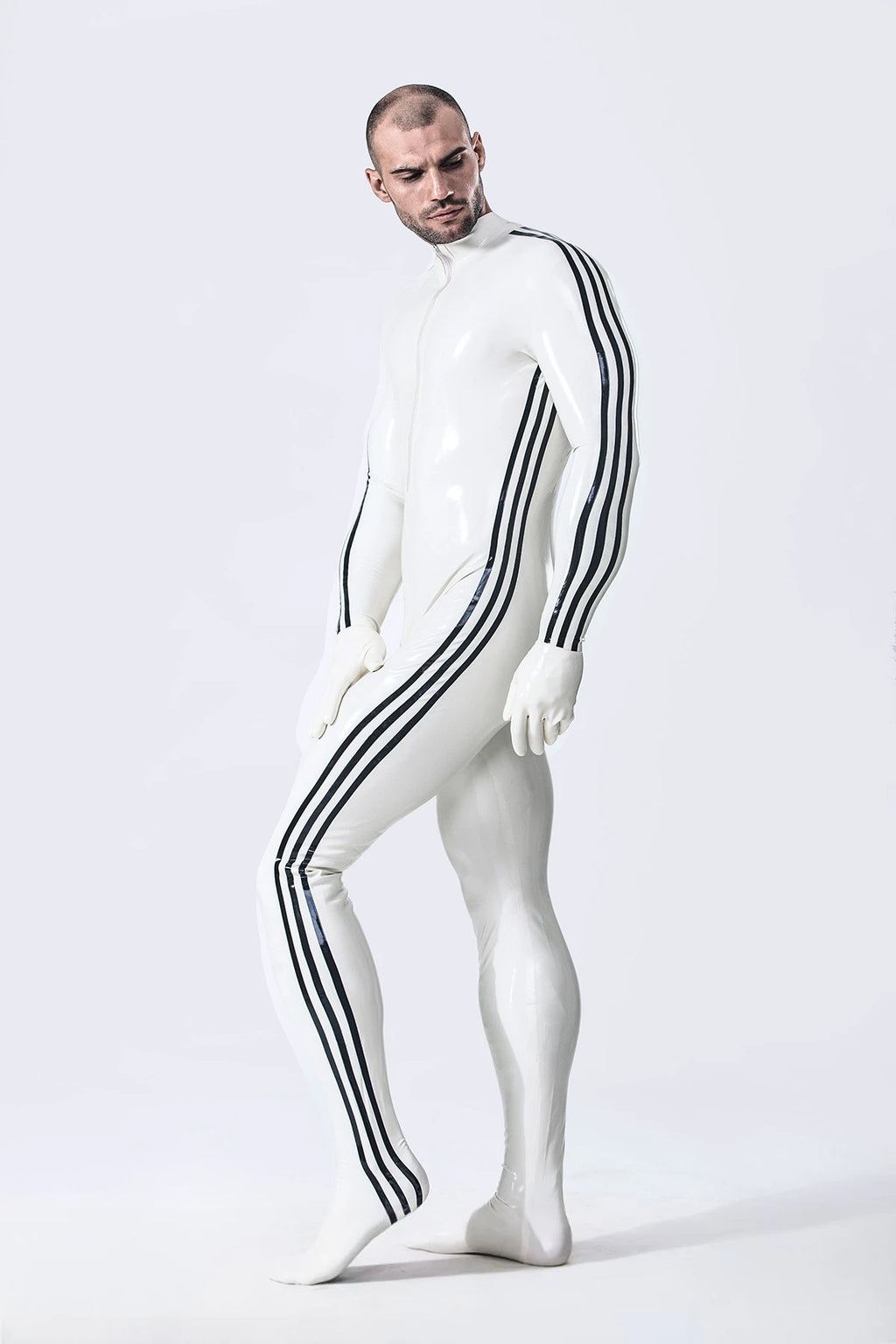 White, trim color is Black Male 'Edi Long' Latex Catsuit