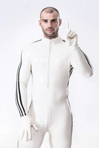 White, trim color is Black Male 'Edi Long' Latex Catsuit