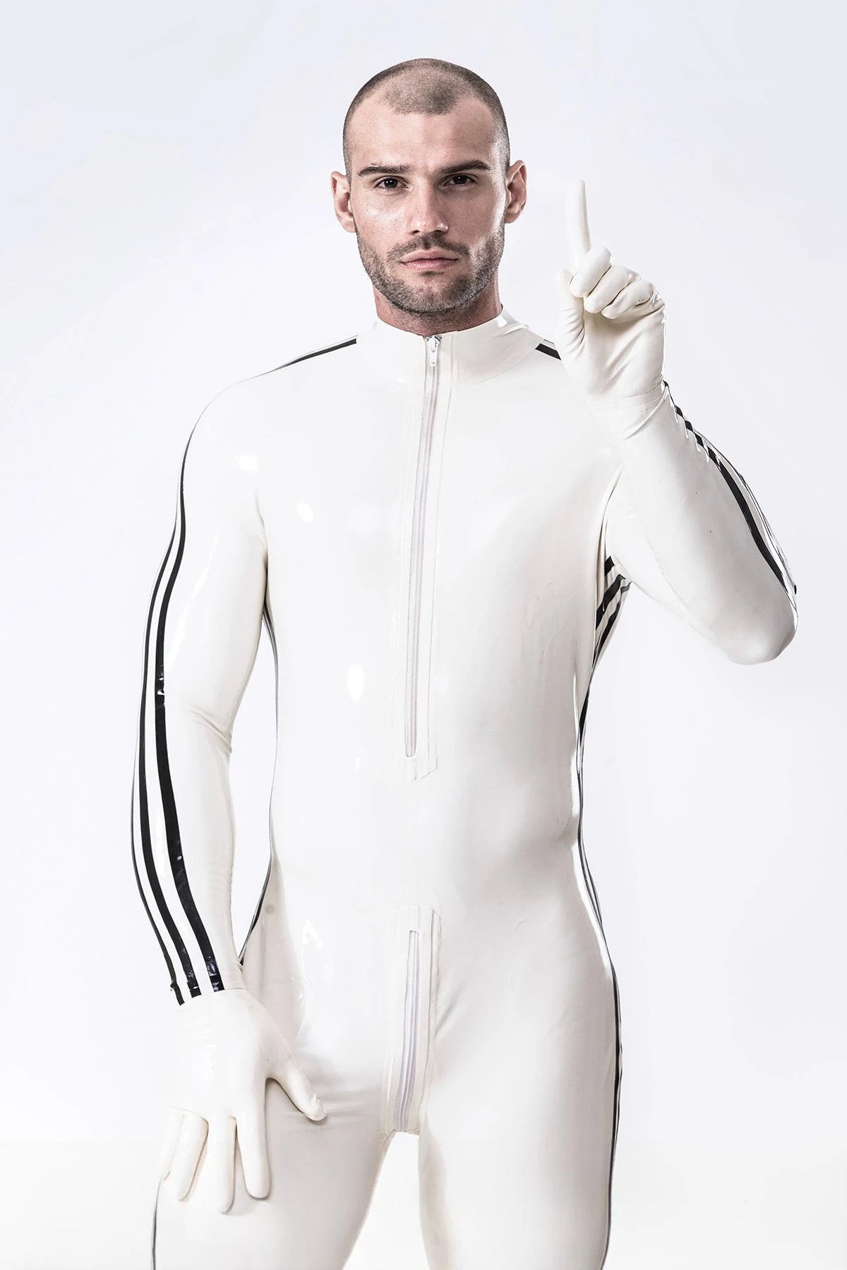 White, trim color is Black Male 'Edi Long' Latex Catsuit