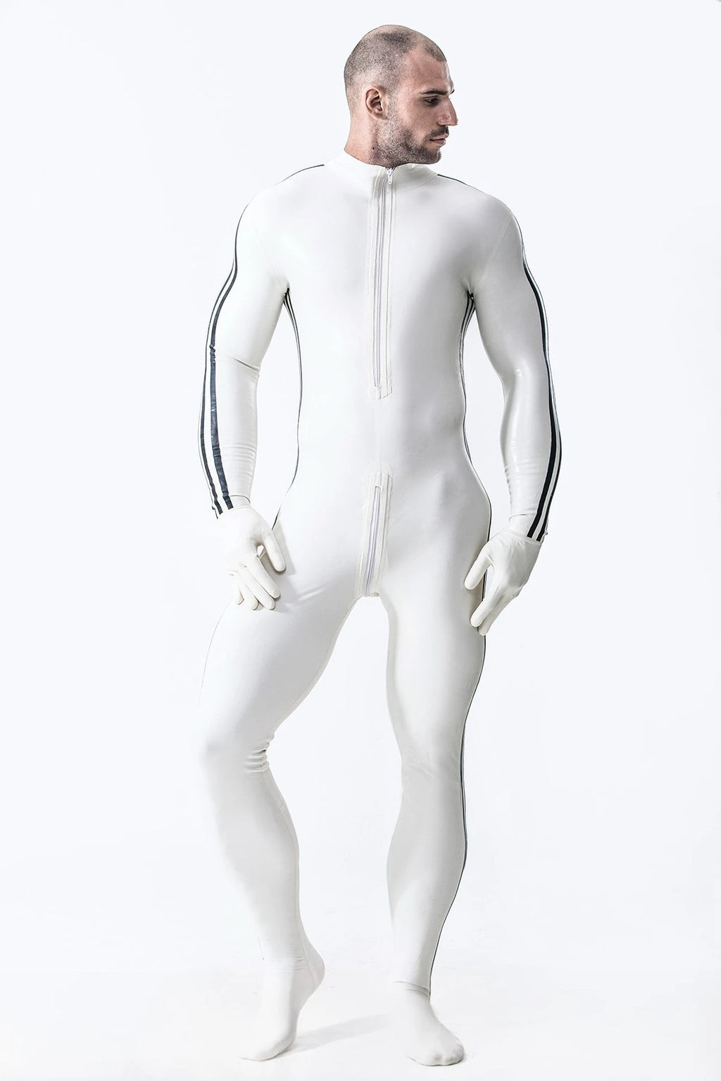 White, trim color is Black Male 'Edi Long' Latex Catsuit