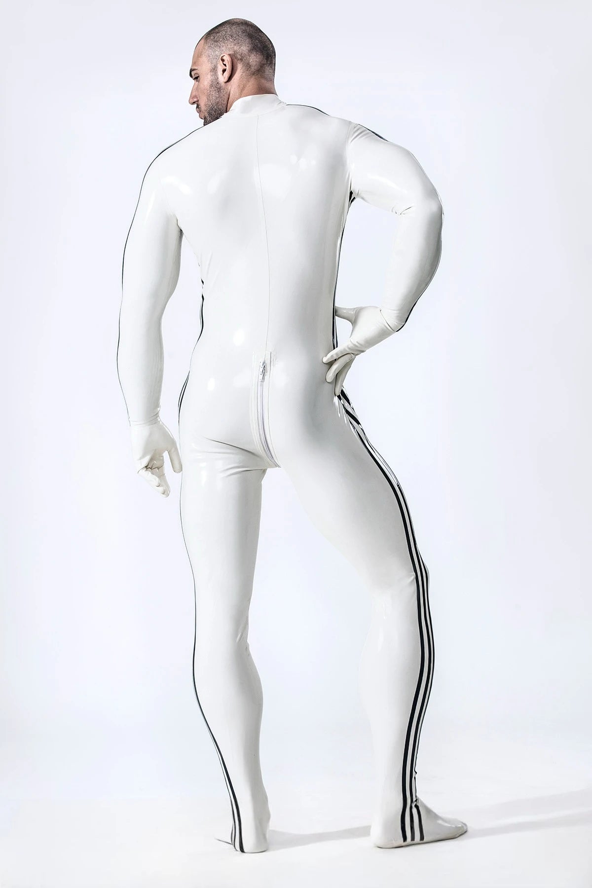 White, trim color is Black Male 'Edi Long' Latex Catsuit