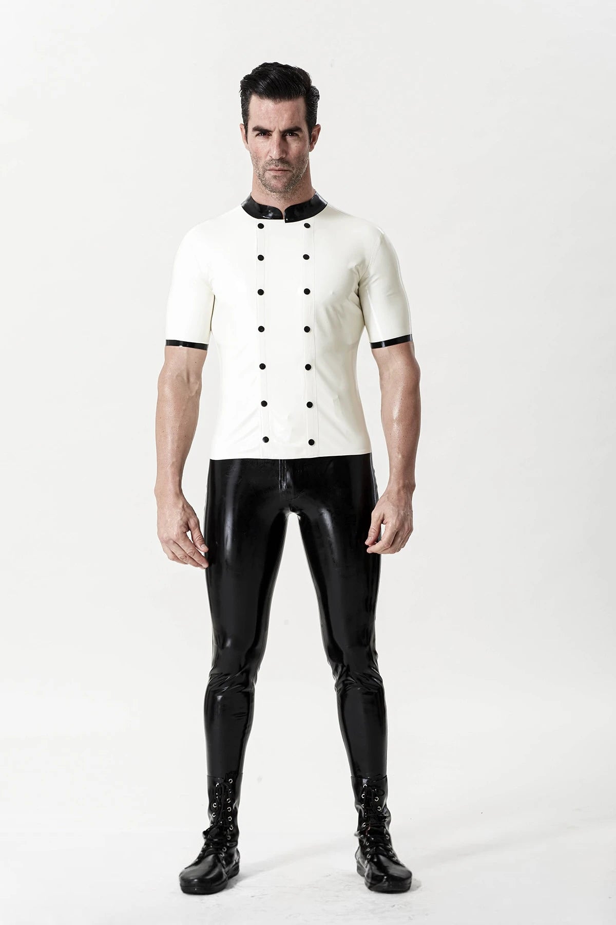 White, trim color is Black Male 'Medic' Latex Shirt