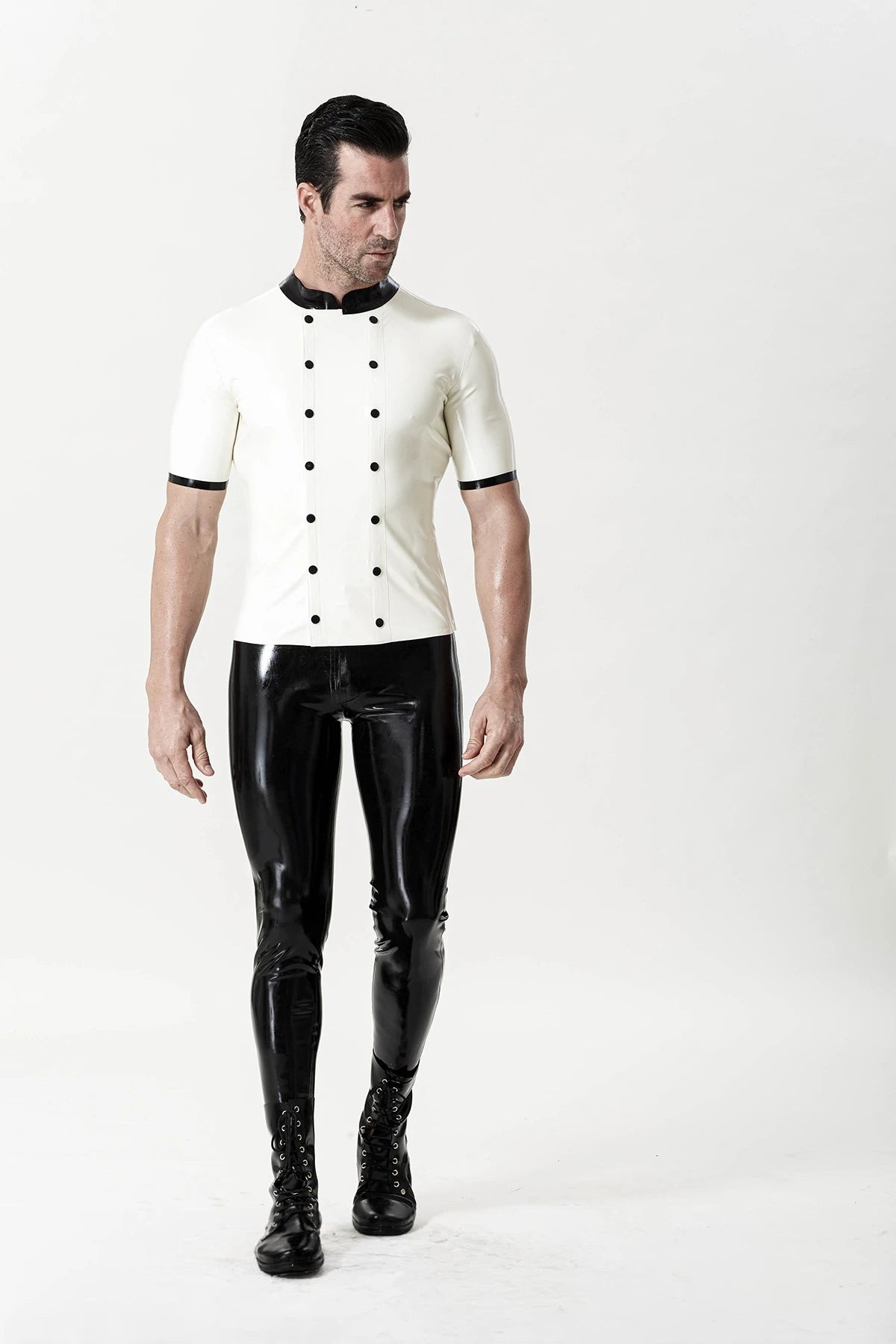 White, trim color is Black Male 'Medic' Latex Shirt